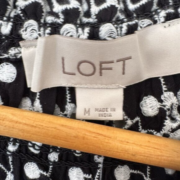 LOFT Womens Embroidered Eyelet Smocked Yoke Mini Swing Dress Black White Size M - Picture 5 of 9